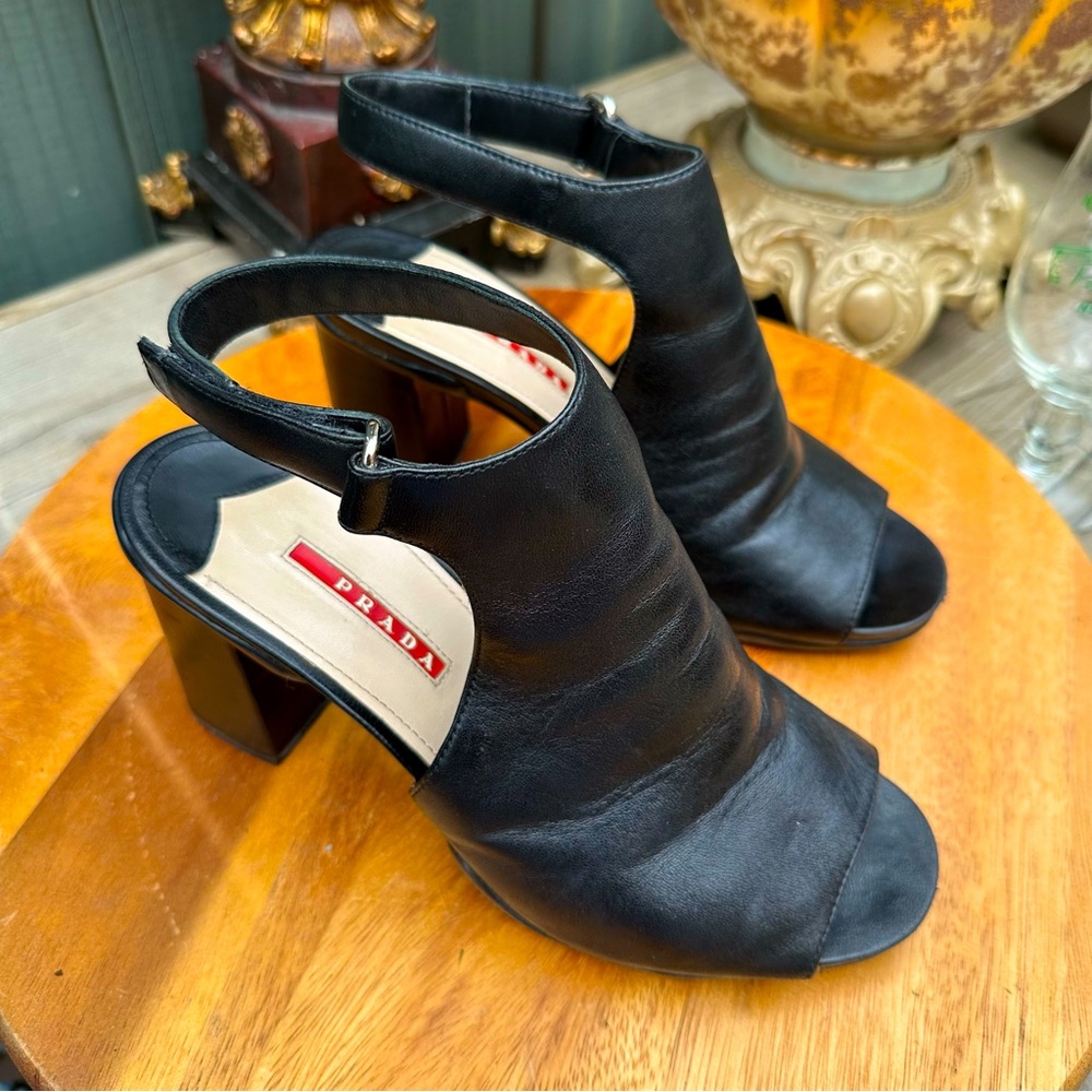Prada Black Leather Open-Toe Slingback Block Heel Sandals